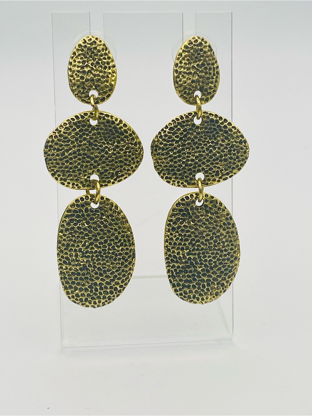 Gold Textured Triple Oval Drop Earrings - Women Jewelry